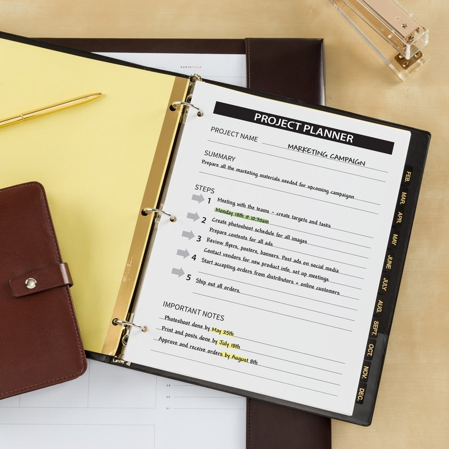 Preprinted Black Leather Tab Dividers w/Gold Reinforced Edge, 12-Tab, Jan. to Dec., 11 x 8.5, Buff, 1 Set