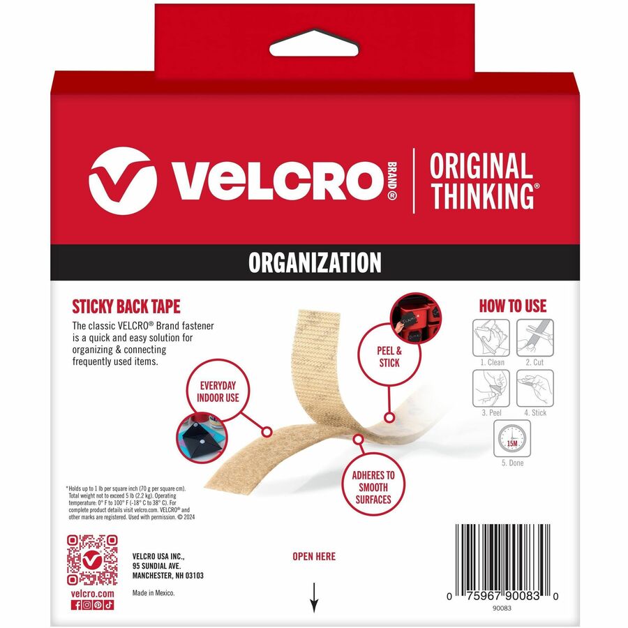 Sticky-Back Fasteners with Dispenser, Removable Adhesive, 0.75" x 15 ft, Beige