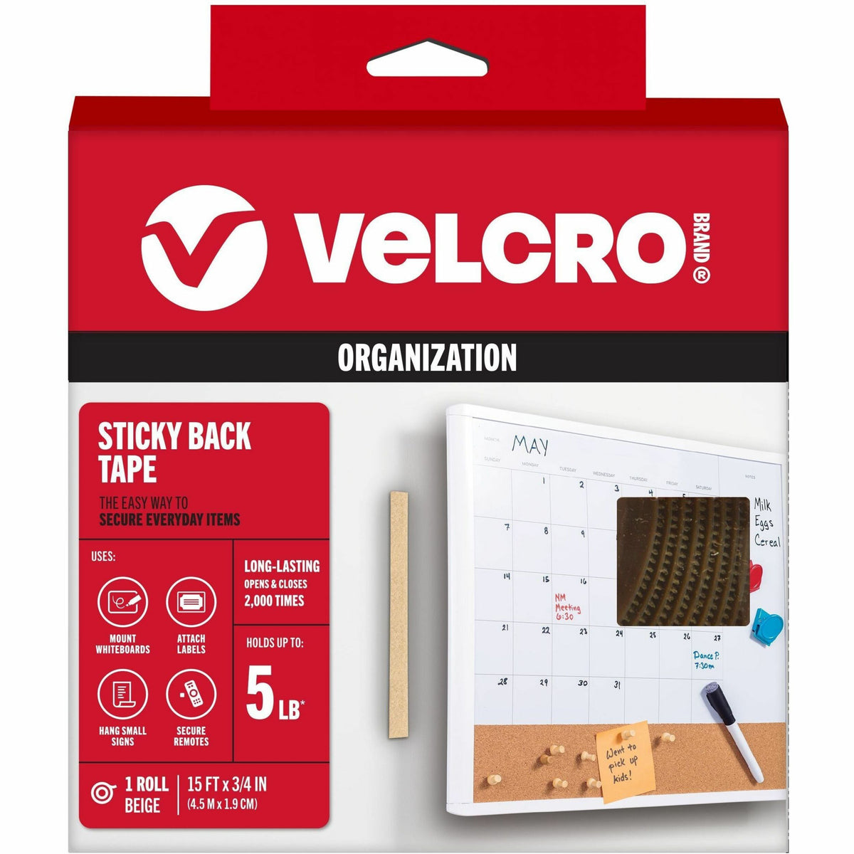 Sticky-Back Fasteners with Dispenser, Removable Adhesive, 0.75" x 15 ft, Beige