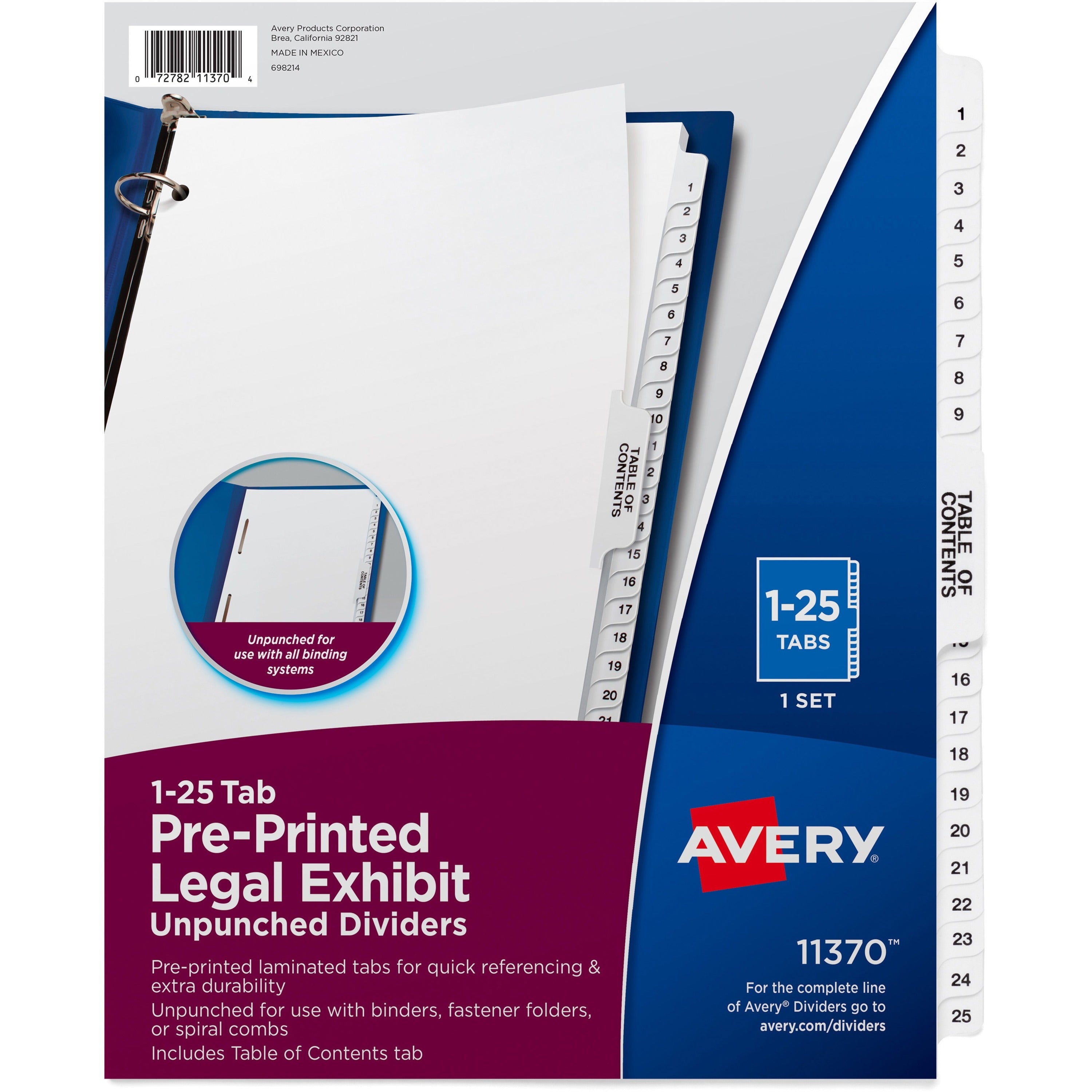Preprinted Legal Exhibit Side Tab Index Dividers, Avery Style, 25-Tab, 1 to 25, 11 x 8.5, White, 1 Set