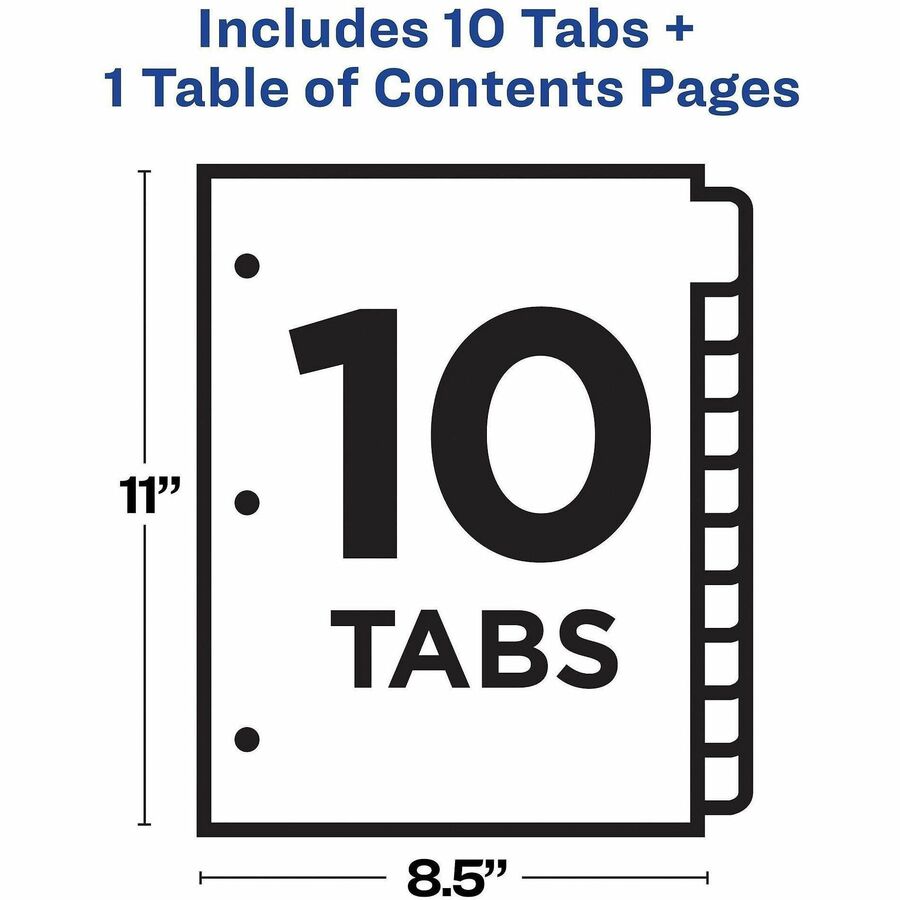 Customizable TOC Ready Index Multicolor Tab Dividers, 10-Tab, 1 to 10, 11 x 8.5, White, Traditional Color Tabs, 1 Set
