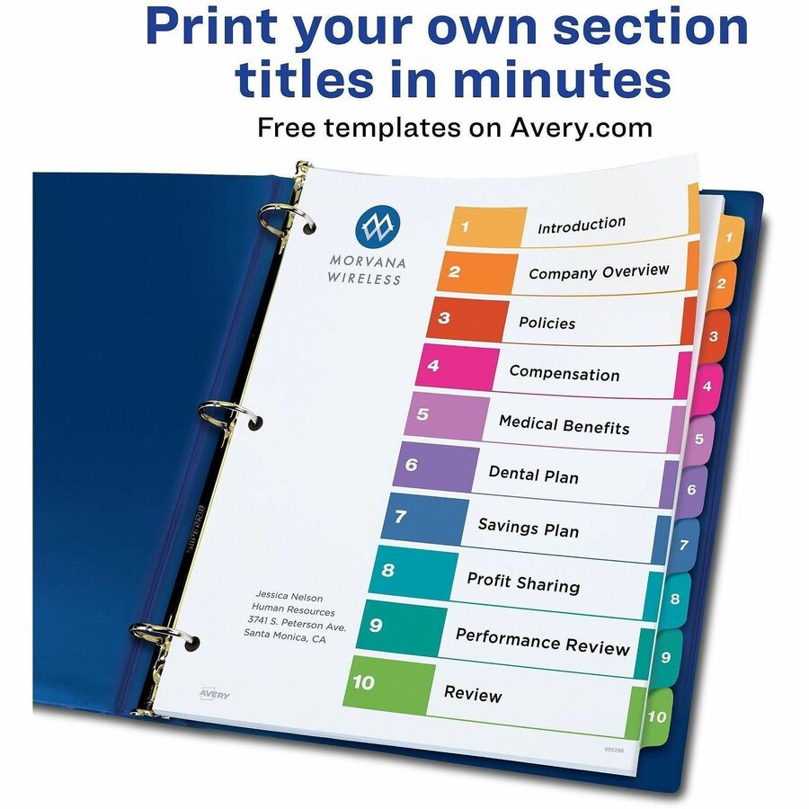 Customizable TOC Ready Index Multicolor Tab Dividers, 10-Tab, 1 to 10, 11 x 8.5, White, Traditional Color Tabs, 1 Set