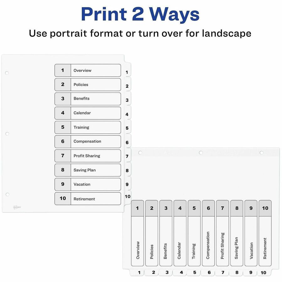 Customizable TOC Ready Index Black and White Dividers, 10-Tab, 1 to 10, 11 x 8.5, 1 Set