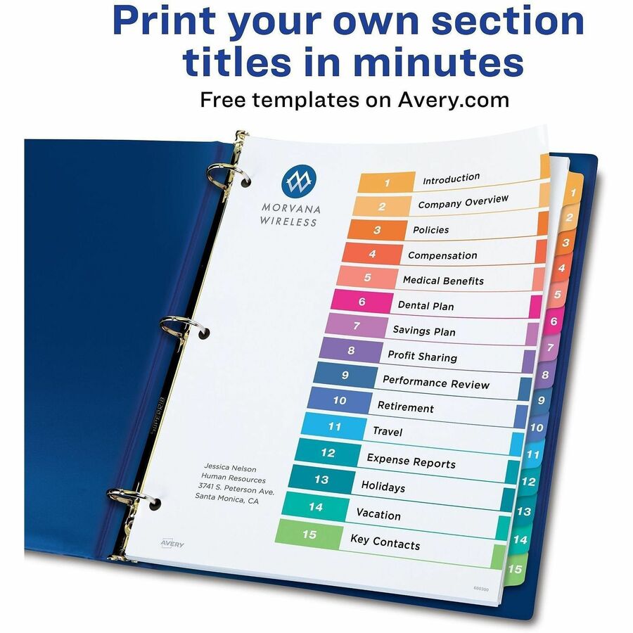 Customizable TOC Ready Index Multicolor Tab Dividers, 15-Tab, 1 to 15, 11 x 8.5, White, Traditional Color Tabs, 1 Set