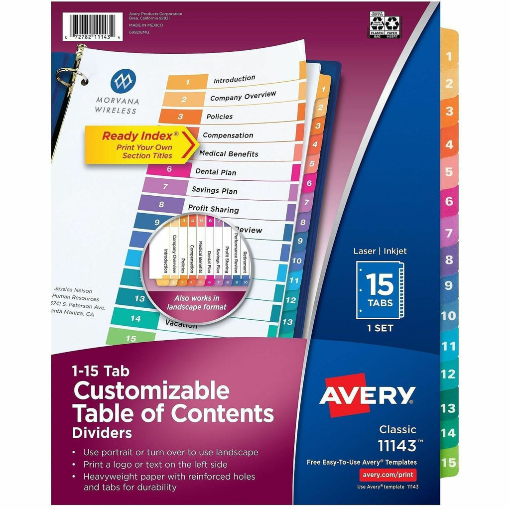 Customizable TOC Ready Index Multicolor Tab Dividers, 15-Tab, 1 to 15, 11 x 8.5, White, Traditional Color Tabs, 1 Set