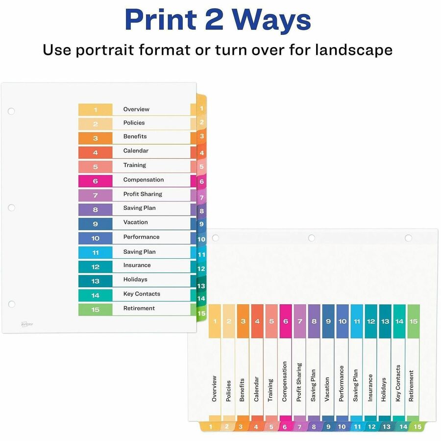Customizable TOC Ready Index Multicolor Tab Dividers, 15-Tab, 1 to 15, 11 x 8.5, White, Traditional Color Tabs, 1 Set