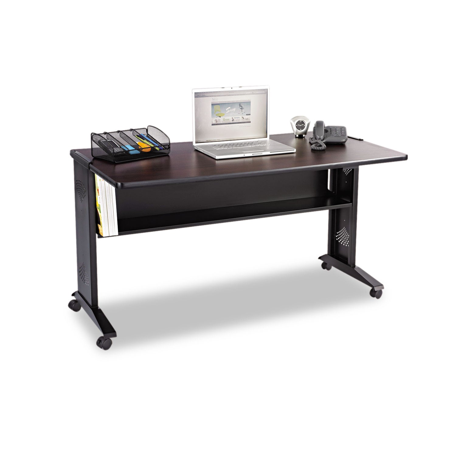 Mobile Computer Desk with Reversible Top, 53.5" x 28" x 30", Mahogany/Medium Oak/Black - 