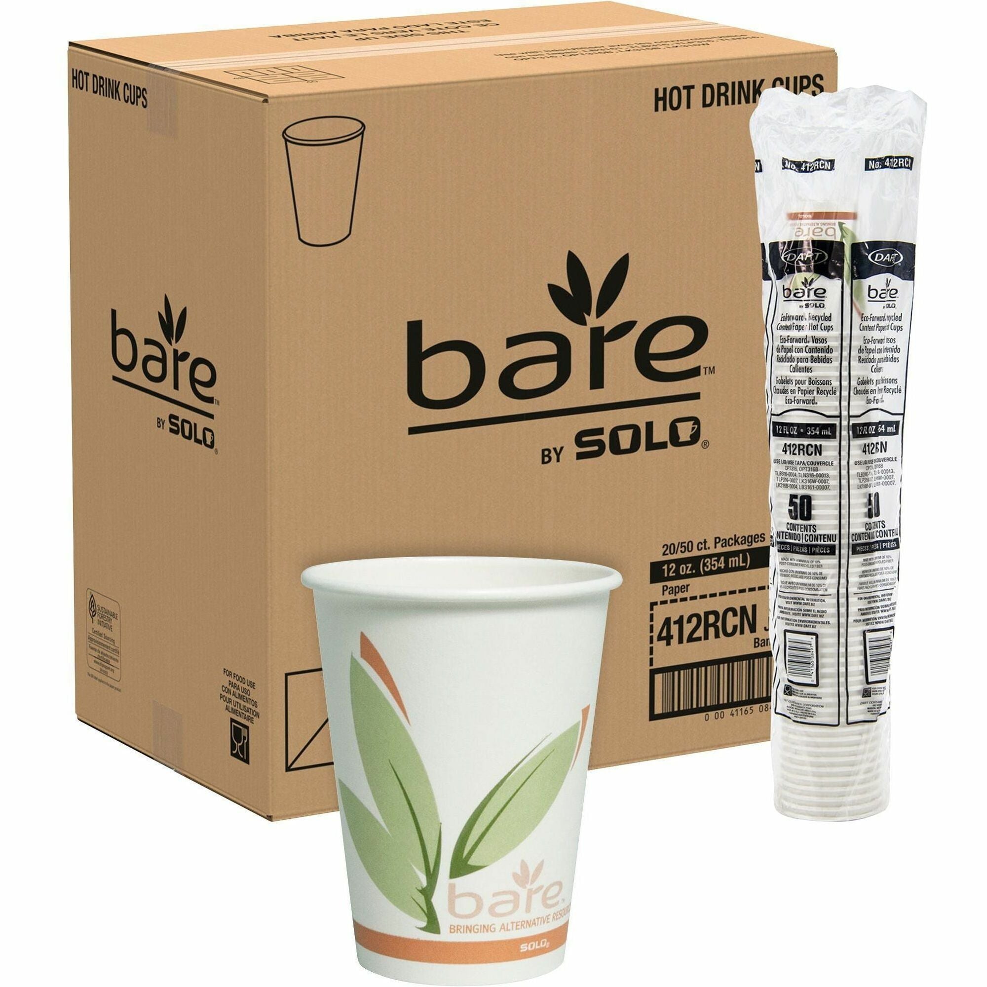 Bare Eco-Forward Recycled Content PCF Paper Hot Cups, ProPlanet Seal, 12 oz, Green/White/Beige, 1,000/Carton