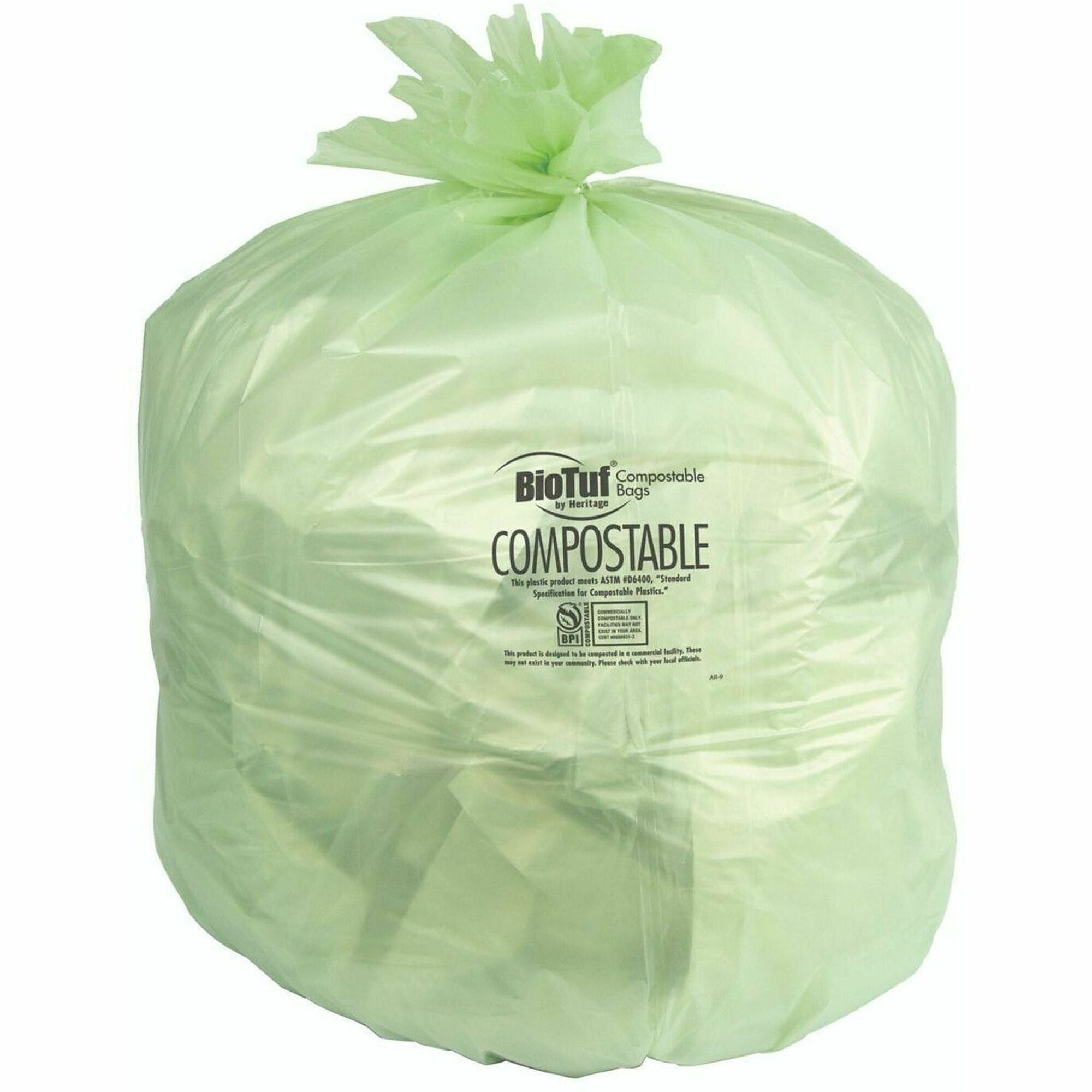 Biotuf Compostable Can Liners, 30 to 33 gal, 0.9 mil, 33" x 39", Light Green, 25 Bags/Roll, 8 Rolls/Carton