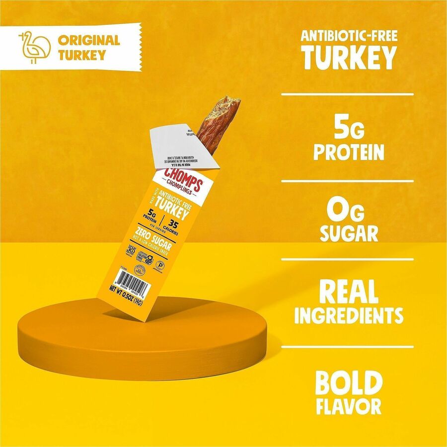 CHOMPS Chomplings Snack Sticks - Gluten-free, Non-GMO - Original Turkey - 0.50 oz - 24 / Pack