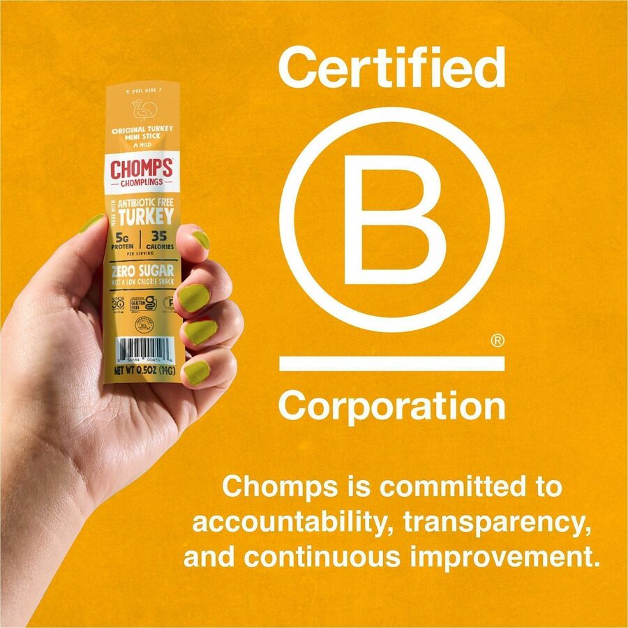 CHOMPS Chomplings Snack Sticks - Gluten-free, Non-GMO - Original Turkey - 0.50 oz - 24 / Pack