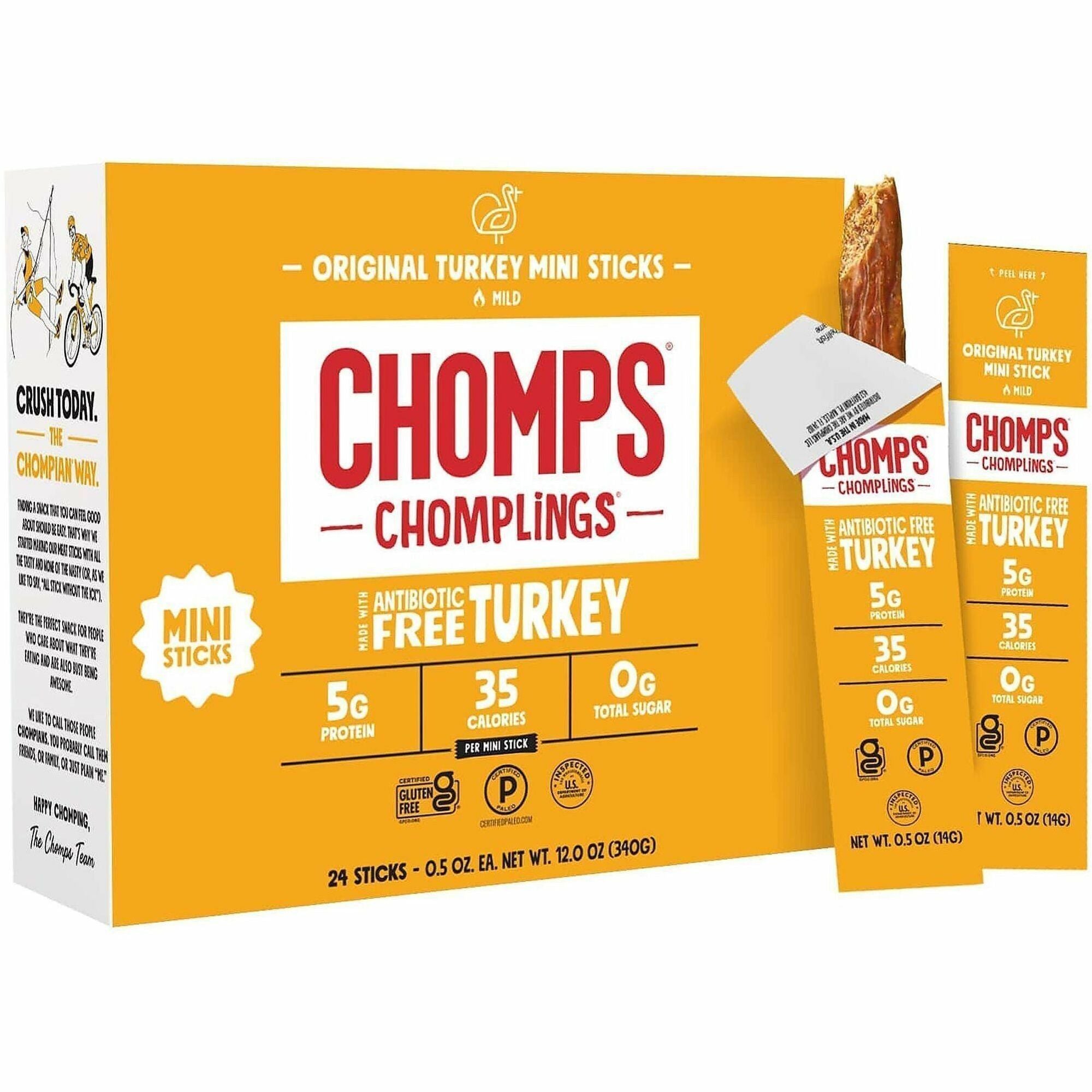 CHOMPS Chomplings Snack Sticks - Gluten-free, Non-GMO - Original Turkey - 0.50 oz - 24 / Pack