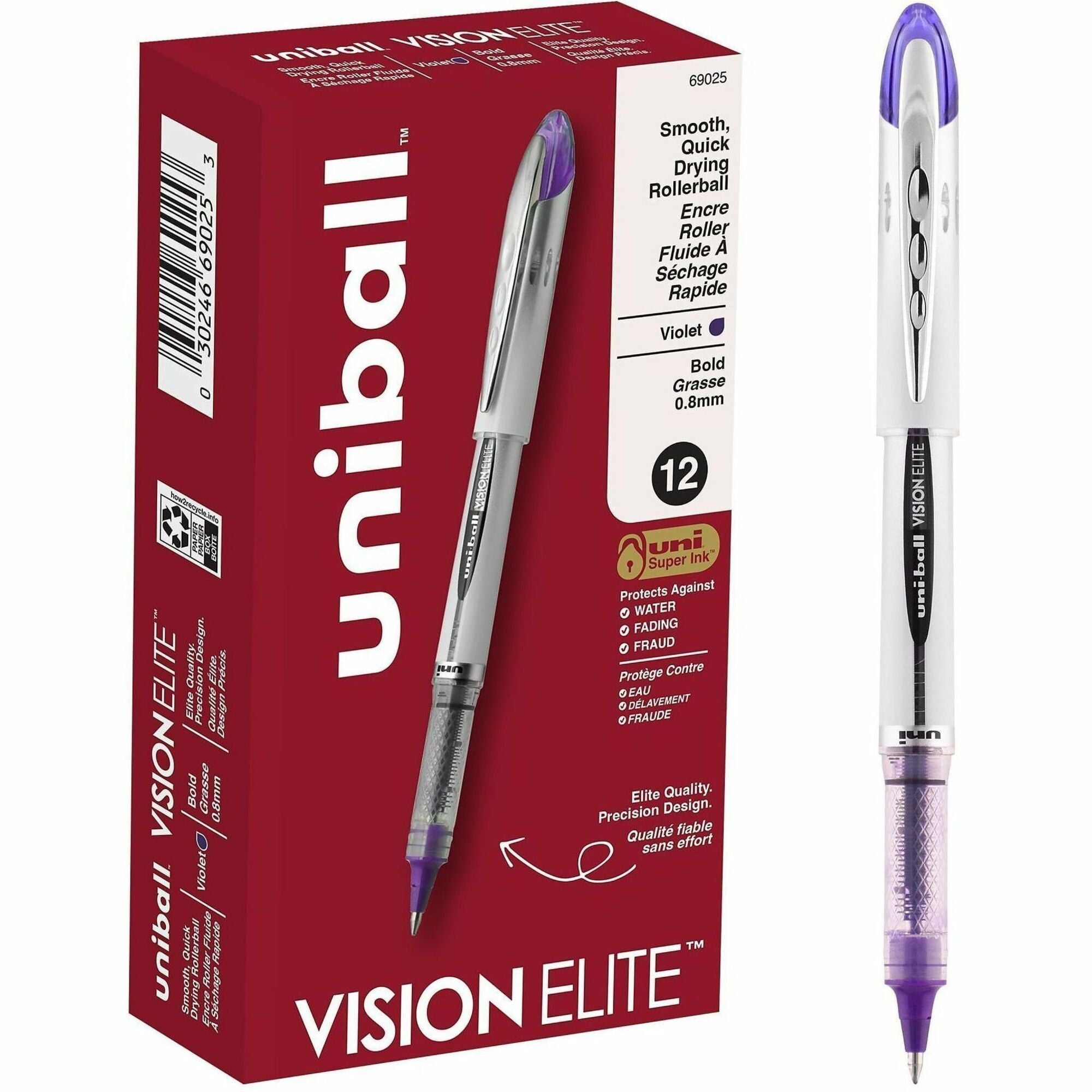 uni-ball - Vision Elite Roller Ball Stick Water-Proof Pen, Purple Ink, Bold, Sold as 1 EA