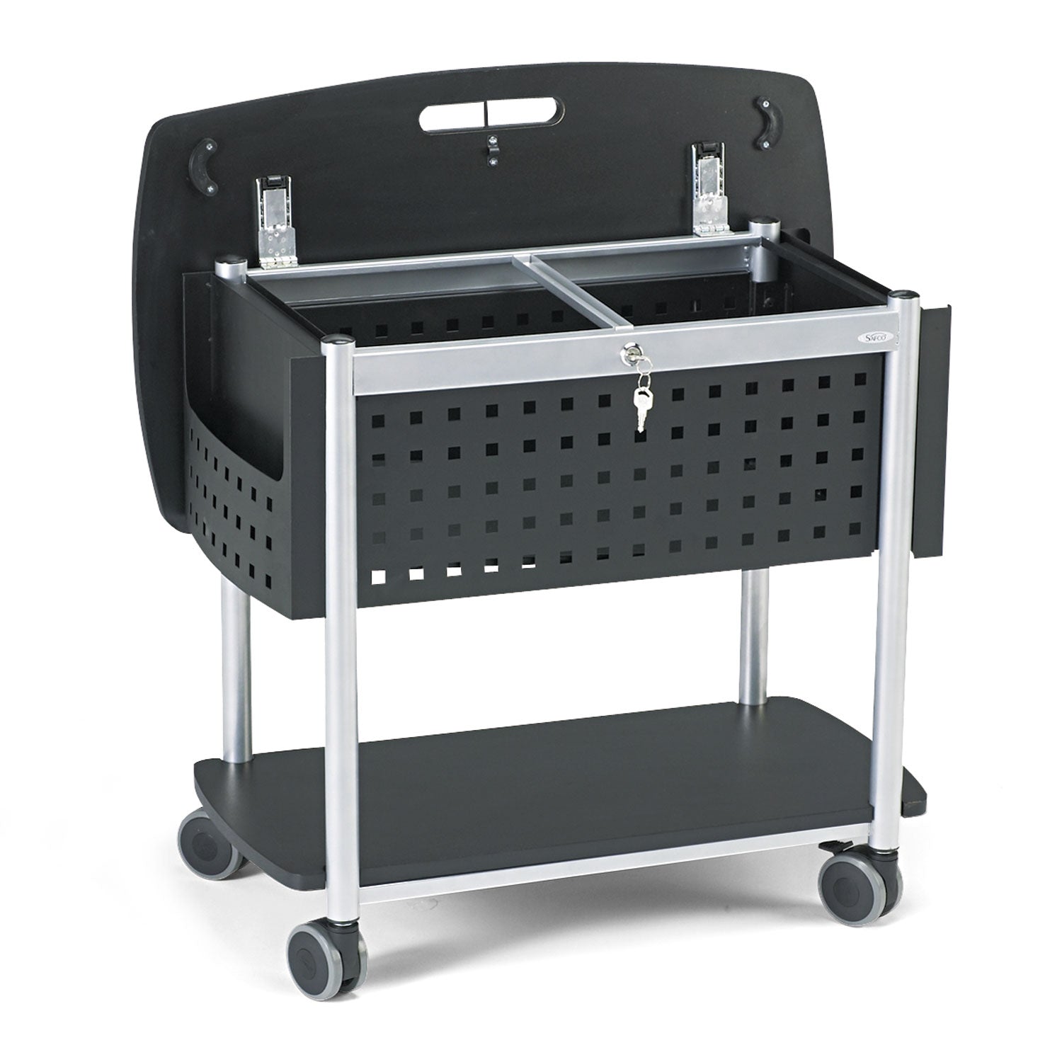 Scoot Mobile File, Metal, 2 Shelves, 2 Bins, 29.75" x 18.75" x 27", Black/Silver - 