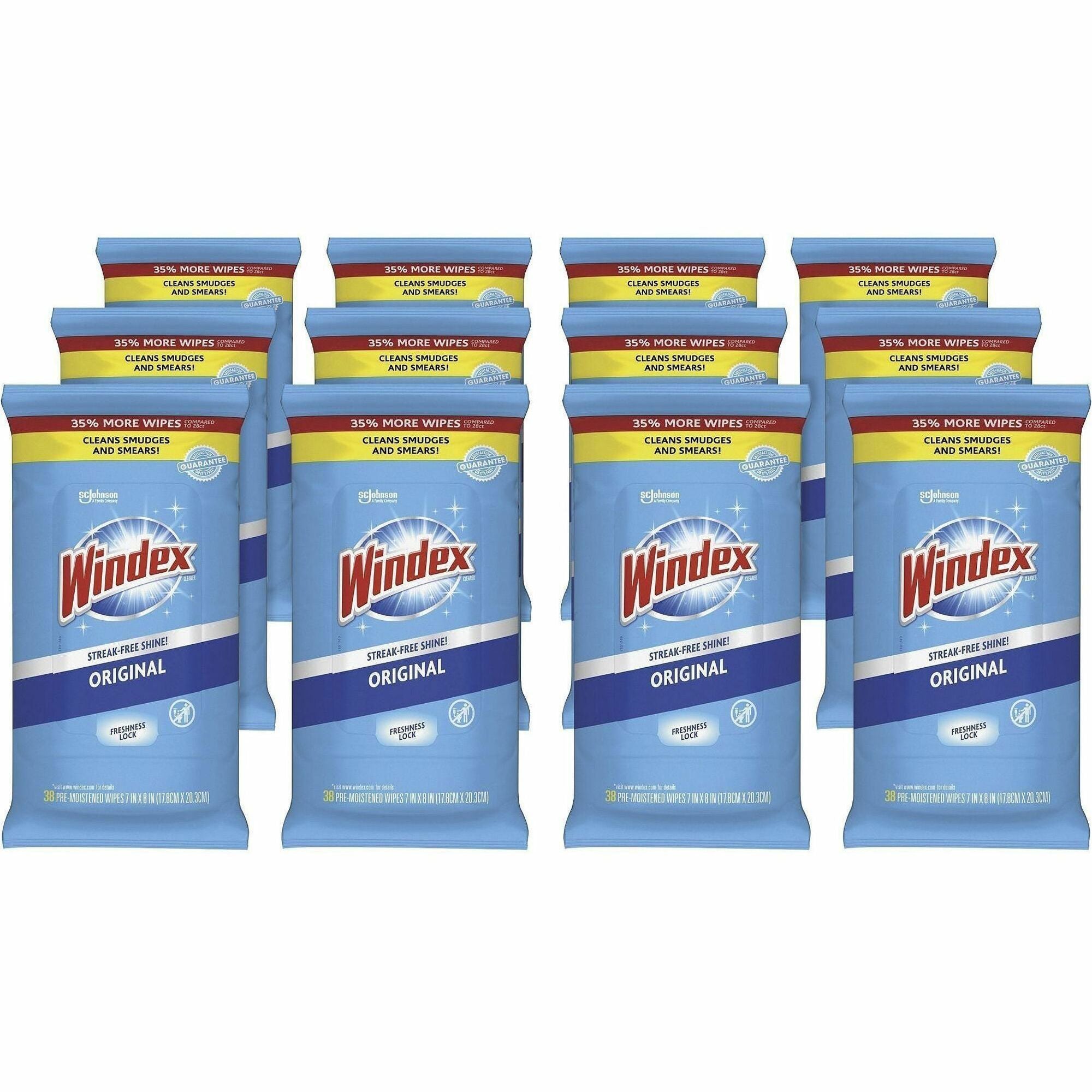 Windex Glass & Surface Wipes - Ready-To-Use - 38 / Pack - 12 / Carton - Streak-free, Unscented, Chemical-free - White