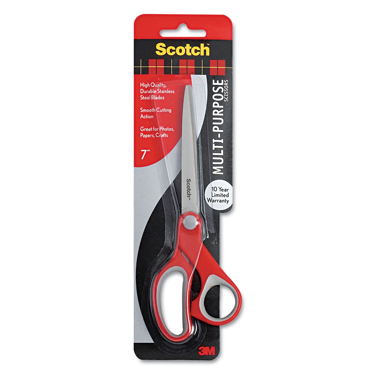 Multi-Purpose Scissors, Pointed Tip, 7" Long, 3.38" Cut Length, Gray/Red Straight Handle - 