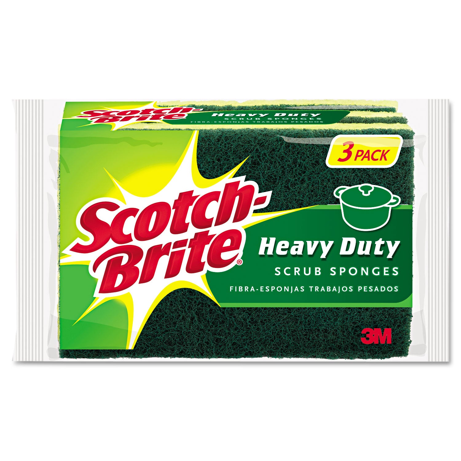 Heavy-Duty Scrub Sponge, 4.5 x 2.7, 0.6" Thick, Yellow/Green, 3/Pack - 