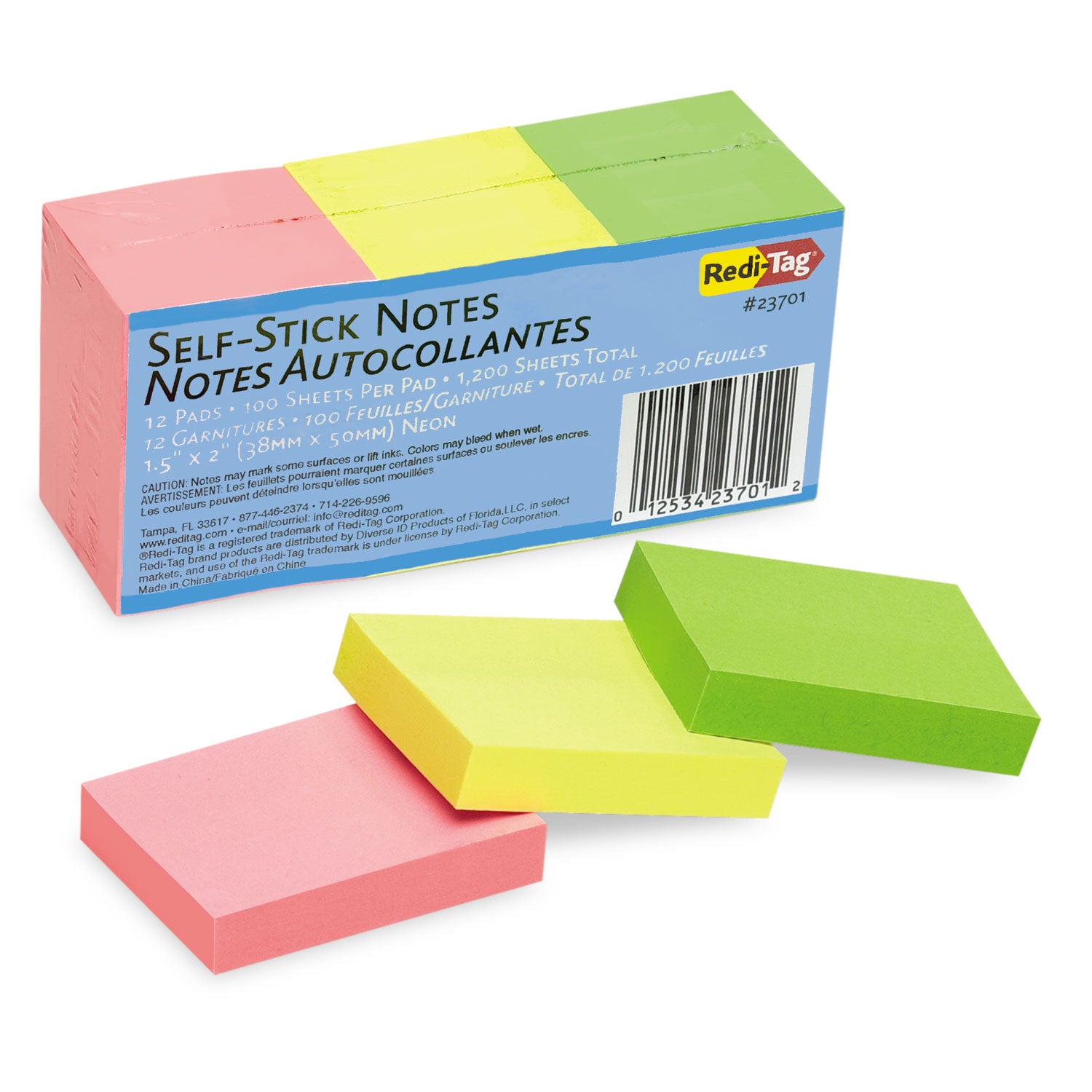 Self-Stick Notes, 1.5" x 2", Assorted Neon Colors, 100 Sheets/Pad, 12 Pads/Pack - 