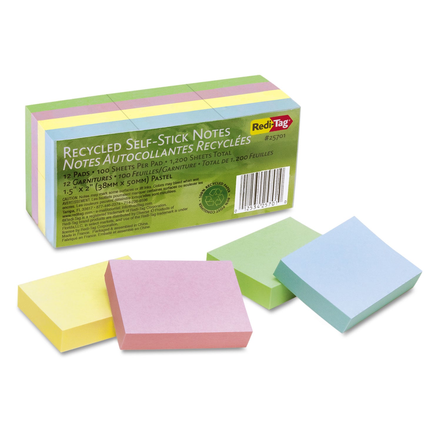 100% Recycled Self-Stick Notes, 1.5" x 2", Assorted Pastel Colors, 100 Sheets/Pad, 12 Pads/Pack - 