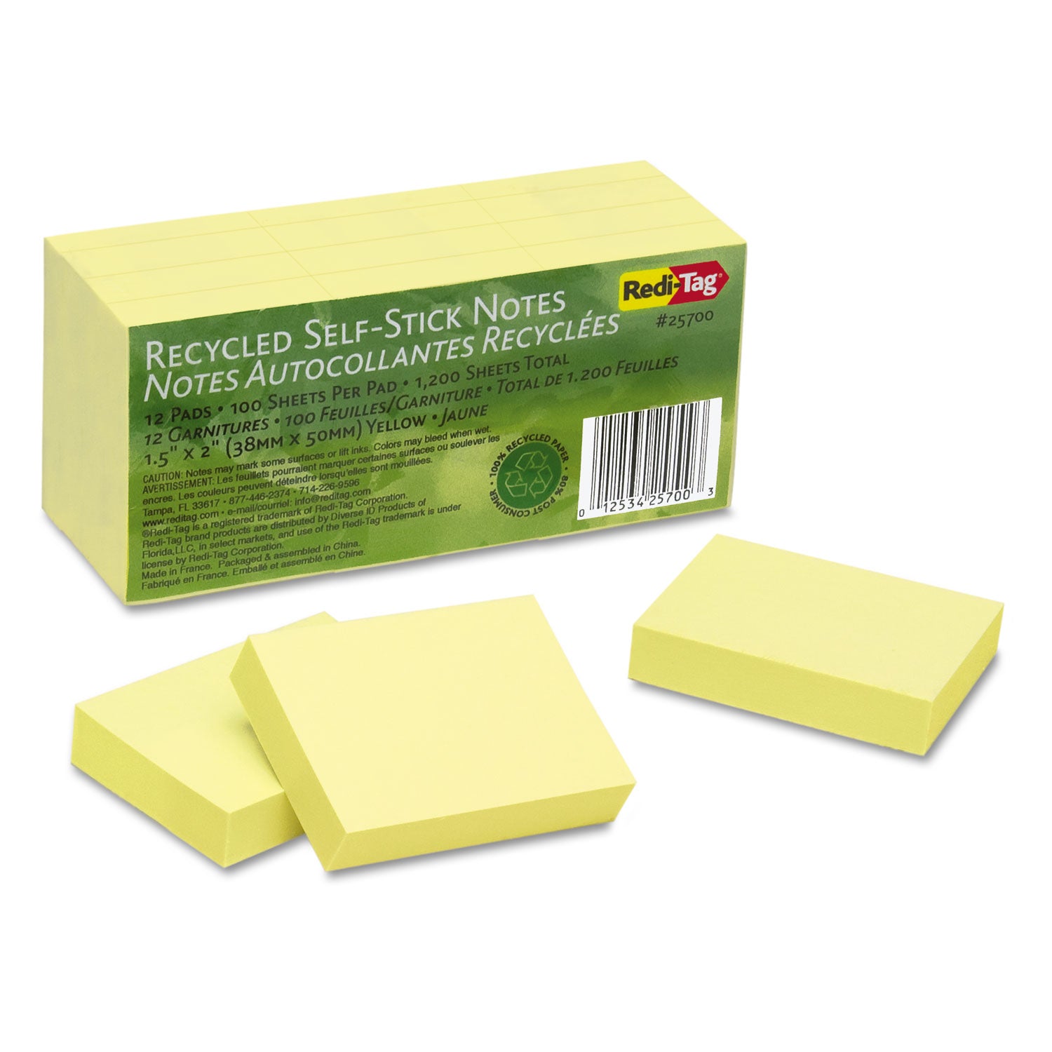 100% Recycled Self-Stick Notes, 1.5" x 2", Yellow, 100 Sheets/Pad, 12 Pads/Pack - 