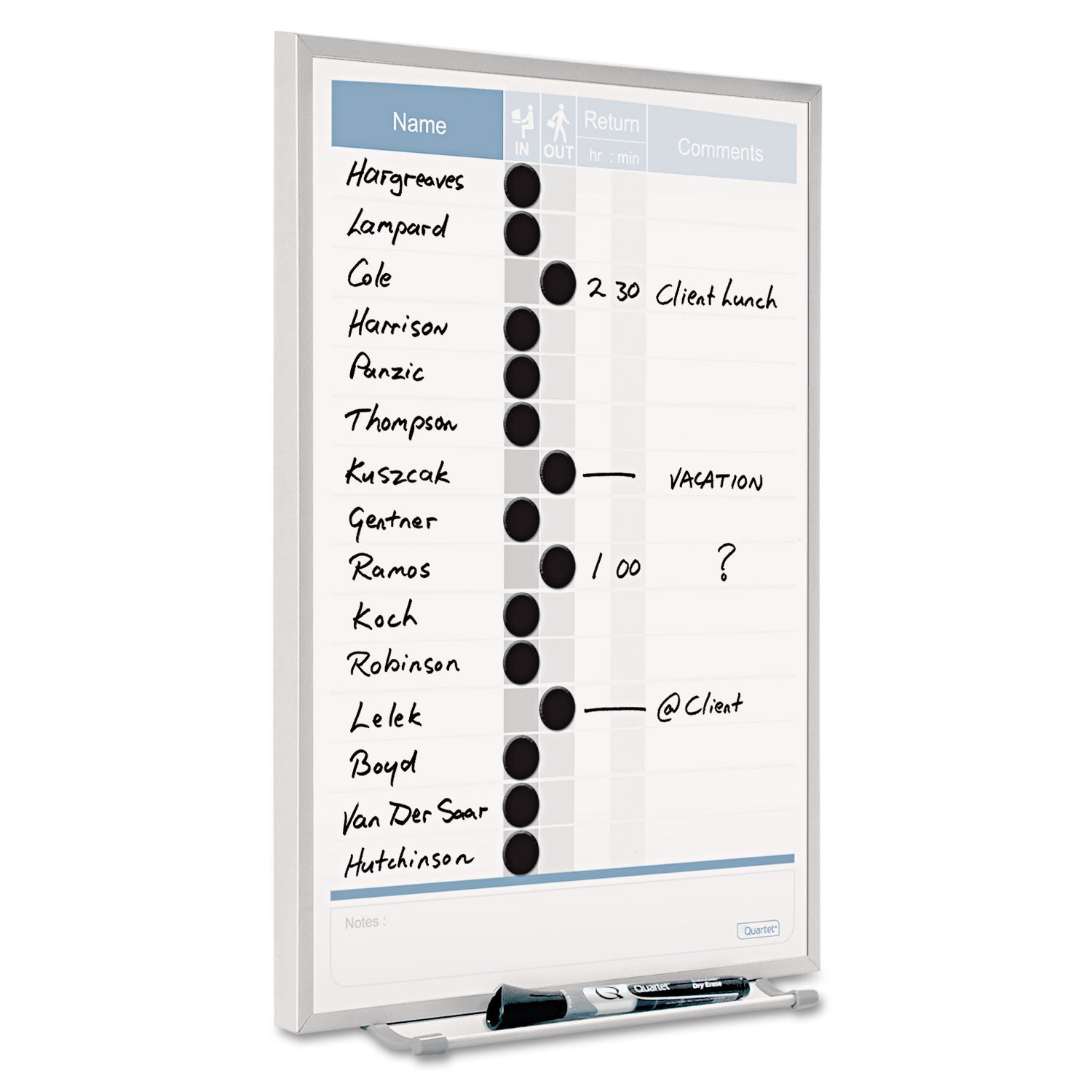 Quartet Matrix 15-employee In/Out Board - 16" Height x 11" Width - White Natural Cork Surface - Magnetic, Durable - Silver Frame - 1 Each - 8