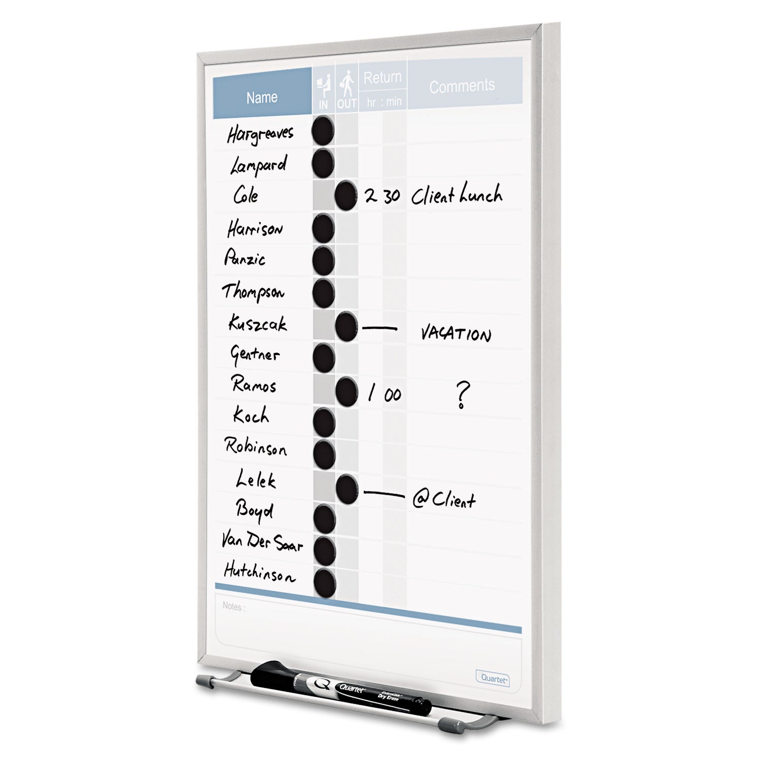 Quartet Matrix 15-employee In/Out Board - 16" Height x 11" Width - White Natural Cork Surface - Magnetic, Durable - Silver Frame - 1 Each - 7