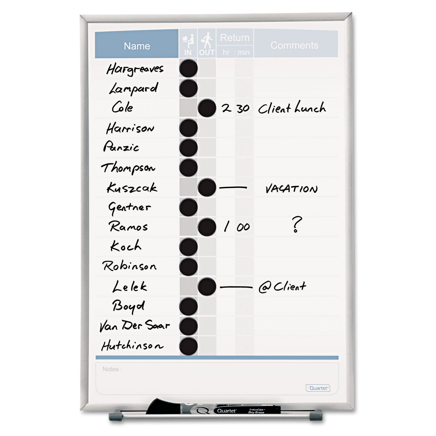 Quartet Matrix 15-employee In/Out Board - 16" Height x 11" Width - White Natural Cork Surface - Magnetic, Durable - Silver Frame - 1 Each - 6