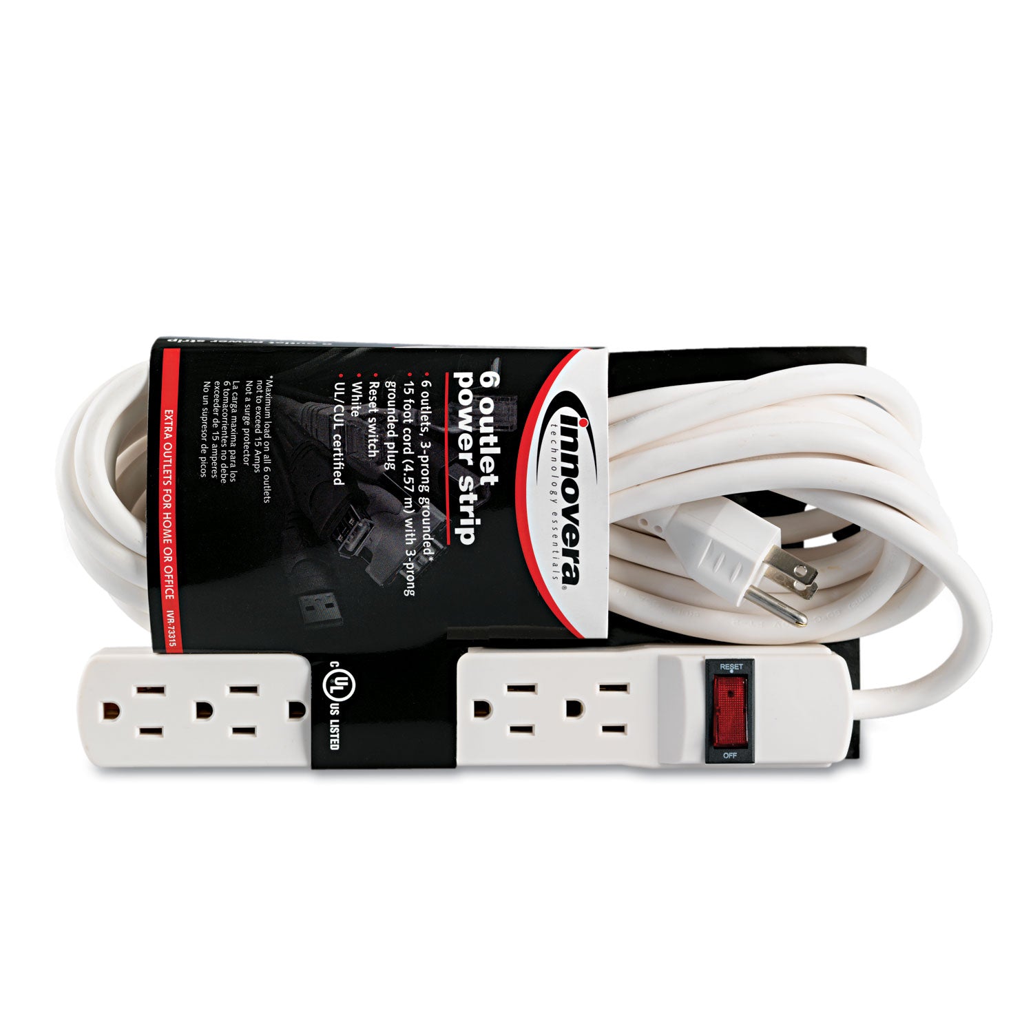 Power Strip, 6 Outlets, 15 ft Cord, Ivory - 