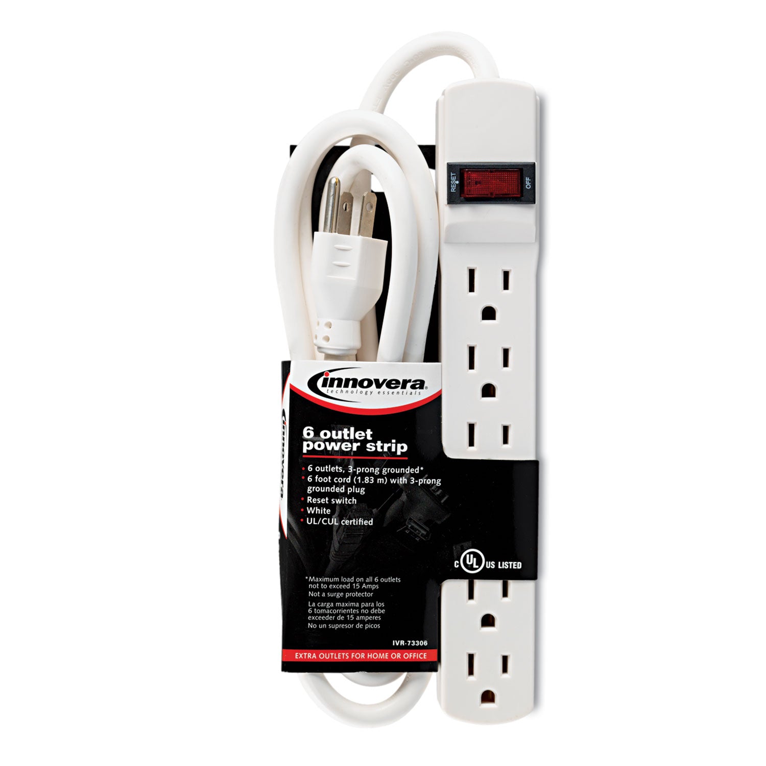 Power Strip, 6 Outlets, 6 ft Cord, Ivory - 