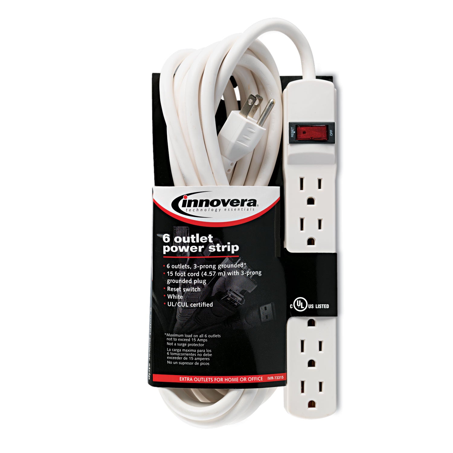 Power Strip, 6 Outlets, 15 ft Cord, Ivory - 