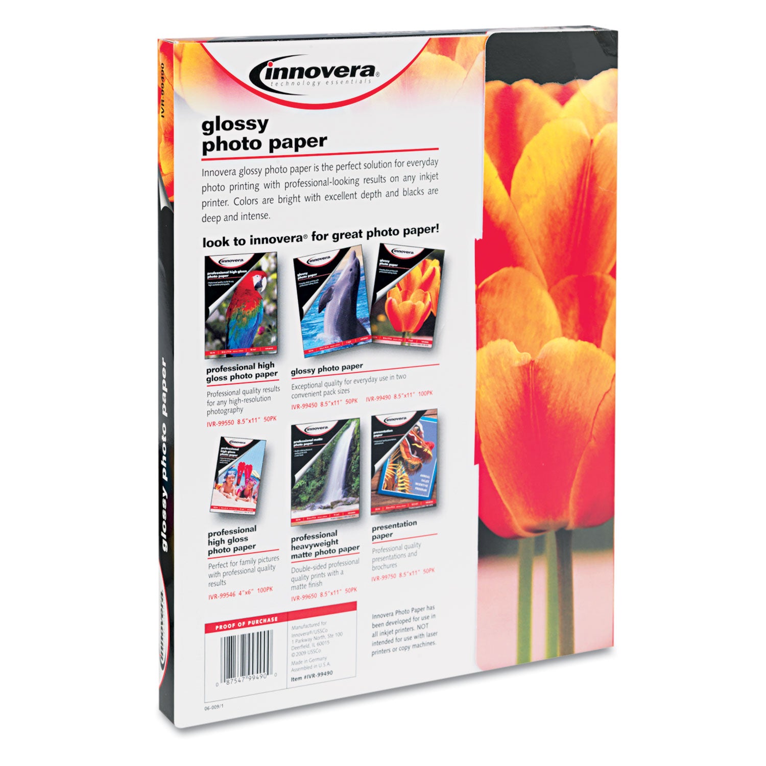 Glossy Photo Paper, 7 mil, 8.5 x 11, Glossy White, 100/Pack - 