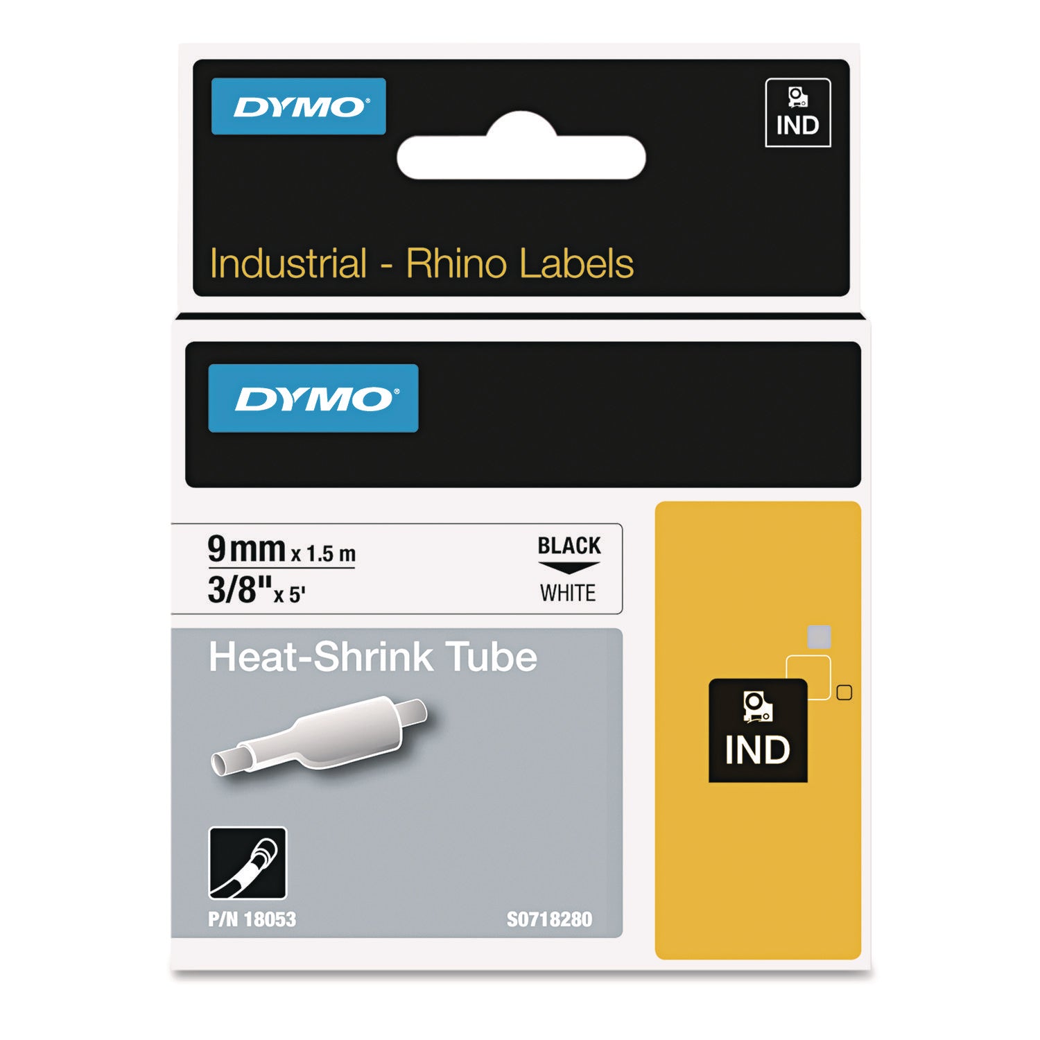 Rhino Heat Shrink Tubes Industrial Label Tape, 0.37" x 5 ft, White/Black Print
