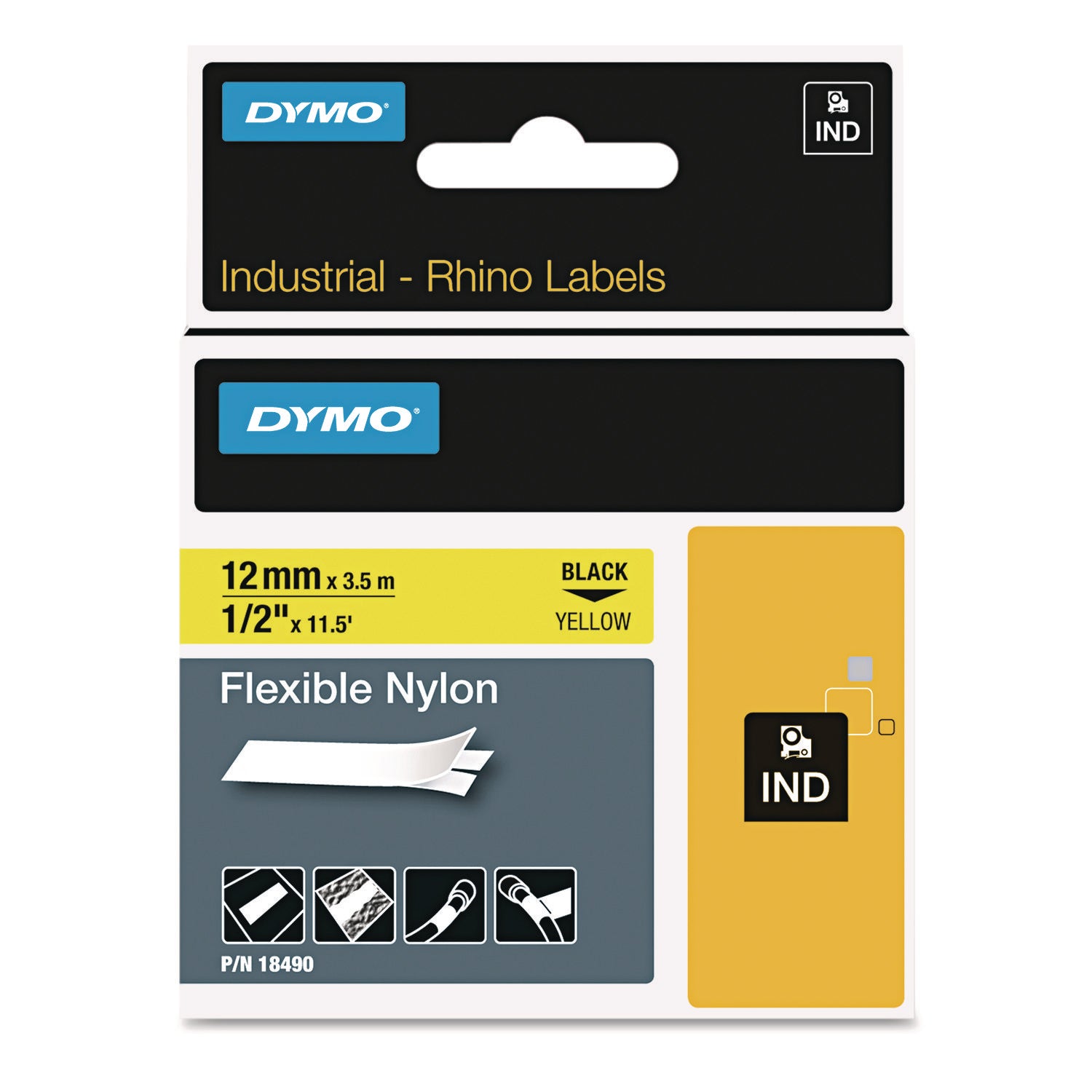 Rhino Flexible Nylon Industrial Label Tape, 0.5" x 11.5 ft, Yellow/Black Print