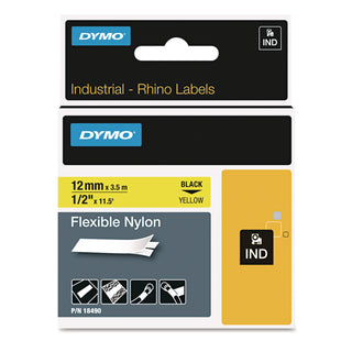 Rhino Flexible Nylon Industrial Label Tape, 0.5" x 11.5 ft, Yellow/Black Print