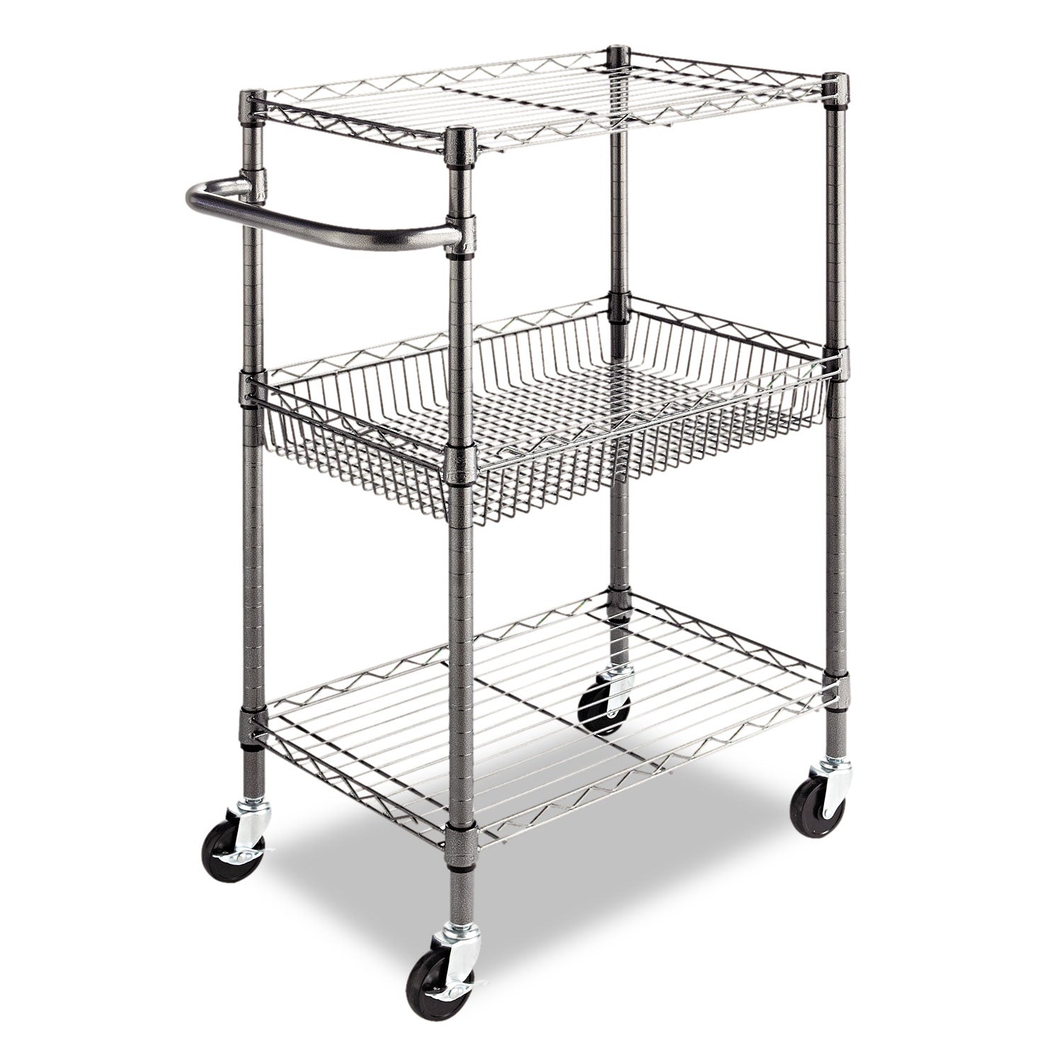 Three-Tier Wire Cart with Basket, Metal, 2 Shelves, 1 Bin, 500 lb Capacity, 28" x 16" x 39", Black Anthracite - 