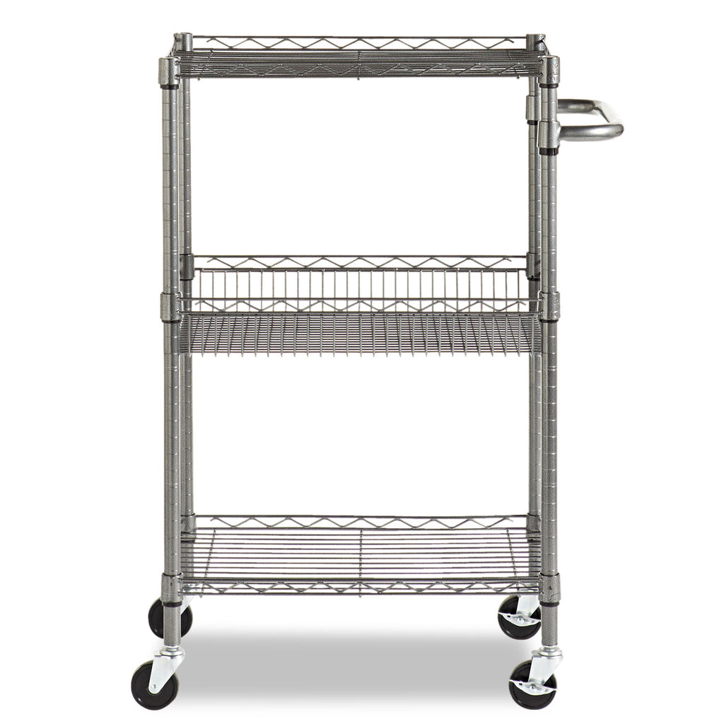 Three-Tier Wire Cart with Basket, Metal, 2 Shelves, 1 Bin, 500 lb Capacity, 28" x 16" x 39", Black Anthracite - 