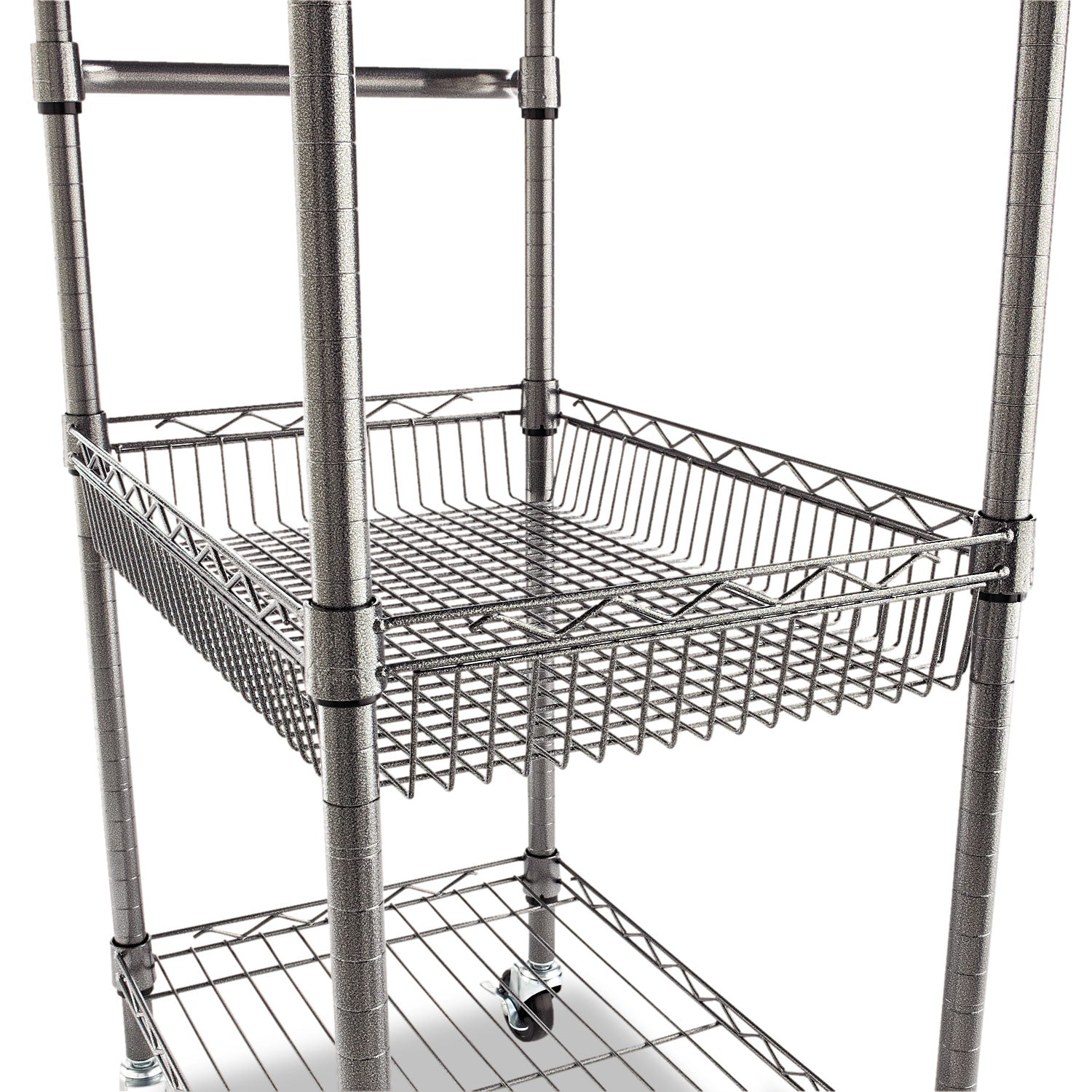 Three-Tier Wire Cart with Basket, Metal, 2 Shelves, 1 Bin, 500 lb Capacity, 28" x 16" x 39", Black Anthracite - 