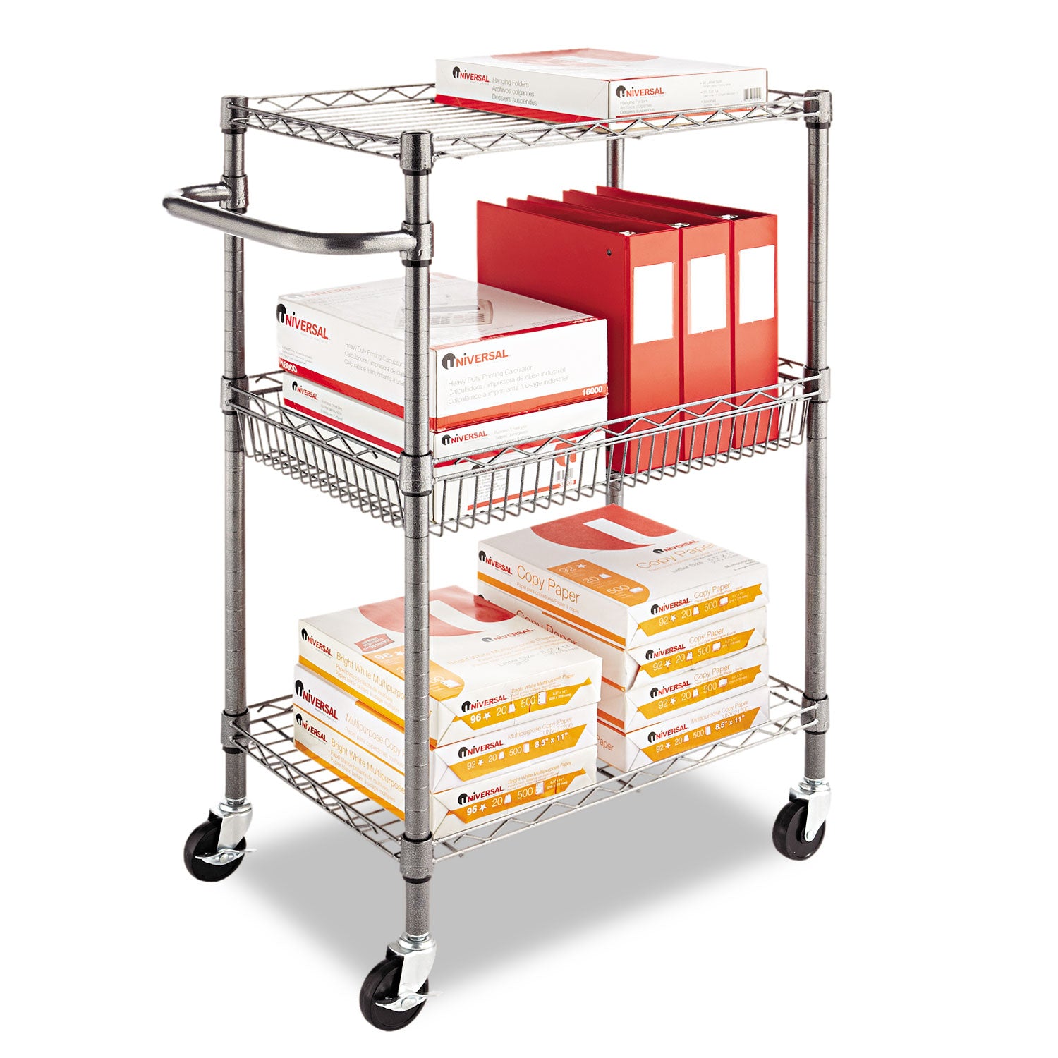 Three-Tier Wire Cart with Basket, Metal, 2 Shelves, 1 Bin, 500 lb Capacity, 28" x 16" x 39", Black Anthracite - 