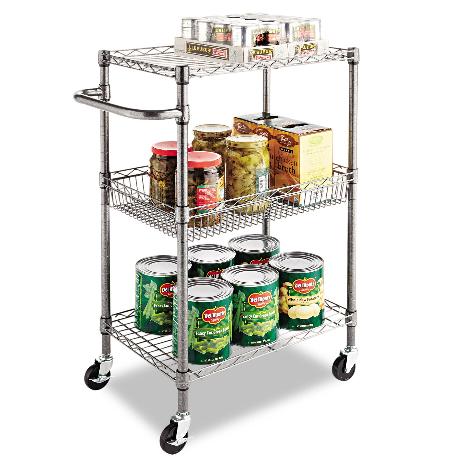 Three-Tier Wire Cart with Basket, Metal, 2 Shelves, 1 Bin, 500 lb Capacity, 28" x 16" x 39", Black Anthracite - 