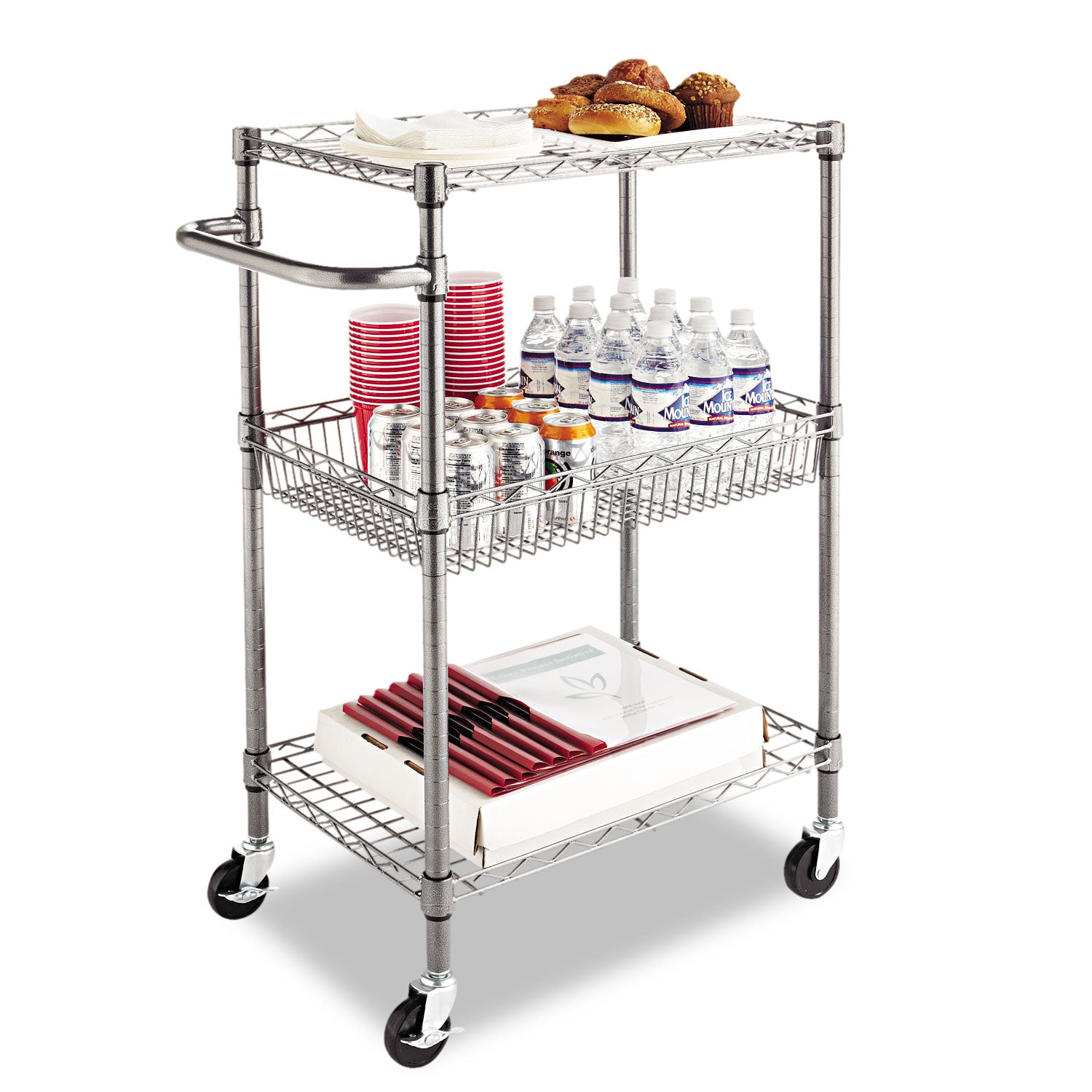 Three-Tier Wire Cart with Basket, Metal, 2 Shelves, 1 Bin, 500 lb Capacity, 28" x 16" x 39", Black Anthracite - 