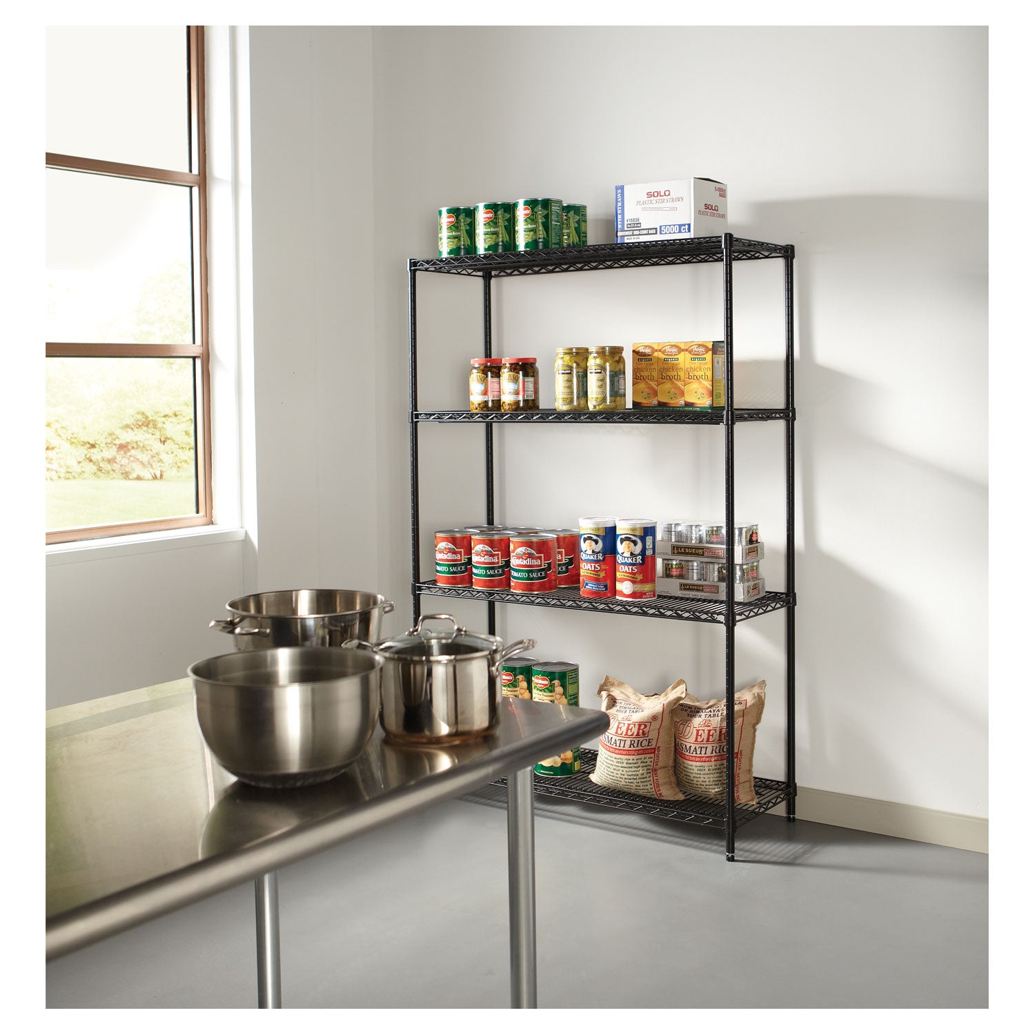 NSF Certified Industrial Four-Shelf Wire Shelving Kit, 48w x 18d x 72h, Black - 