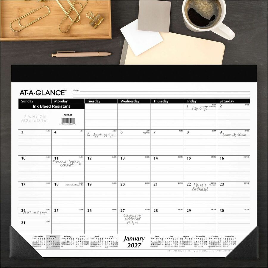 Monthly Refillable Desk Pad, 22 x 17, White Sheets, Black Binding, Black Corners, 12-Month (Jan to Dec): 2024