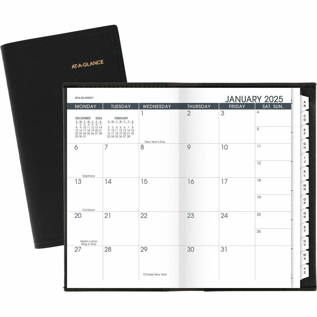 At-A-Glance 2024 Monthly Planner, Black, Pocket, 3 1/2" x 6" - Monthly - 13 Month - January 2024 - January - 1 Month Double Page Layout - 3 1/2" x 6 1/8" Sheet Size - Black - Simulated Leather, Faux Leather - Pocket, Phone Directory, Unruled Daily Bl - 1