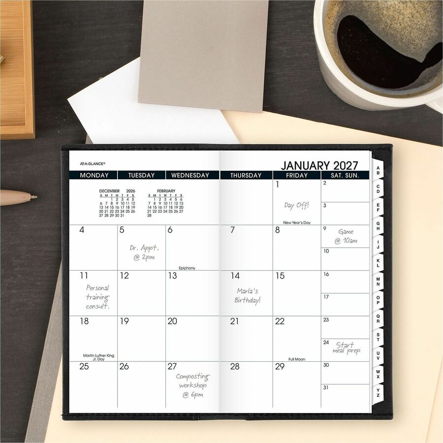 At-A-Glance 2024 Monthly Planner, Black, Pocket, 3 1/2" x 6" - Monthly - 13 Month - January 2024 - January - 1 Month Double Page Layout - 3 1/2" x 6 1/8" Sheet Size - Black - Simulated Leather, Faux Leather - Pocket, Phone Directory, Unruled Daily Bl