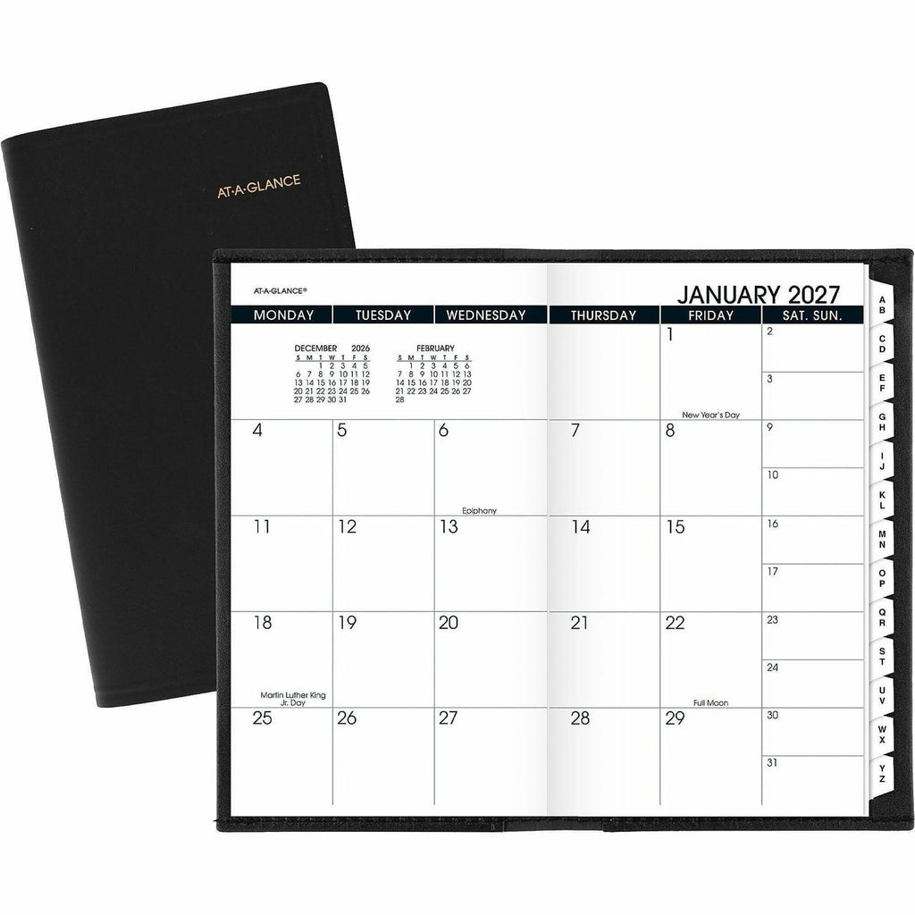 At-A-Glance 2024 Monthly Planner, Black, Pocket, 3 1/2" x 6" - Monthly - 13 Month - January 2024 - January - 1 Month Double Page Layout - 3 1/2" x 6 1/8" Sheet Size - Black - Simulated Leather, Faux Leather - Pocket, Phone Directory, Unruled Daily Bl