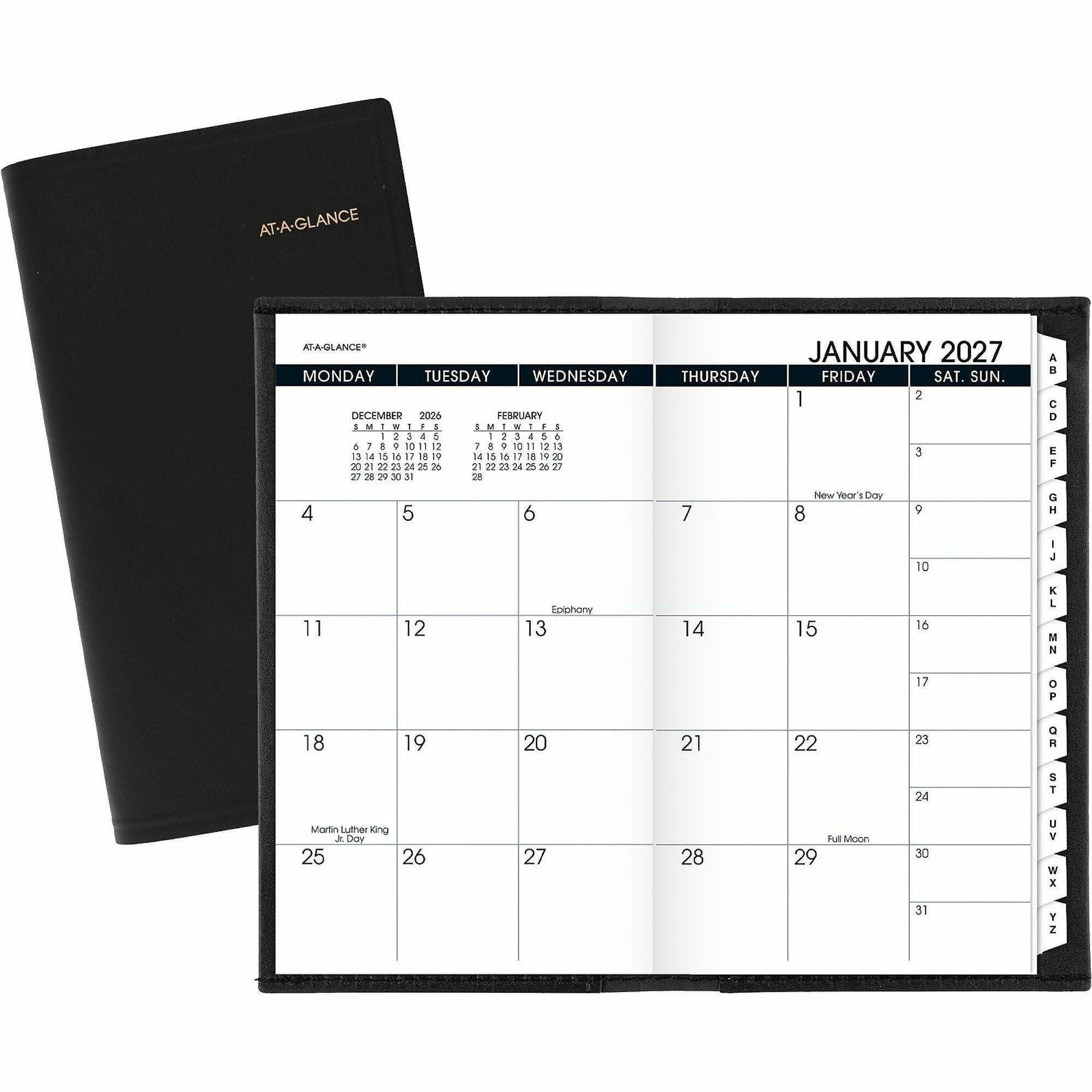 At-A-Glance 2024 Monthly Planner, Black, Pocket, 3 1/2" x 6" - Monthly - 13 Month - January 2024 - January - 1 Month Double Page Layout - 3 1/2" x 6 1/8" Sheet Size - Black - Simulated Leather, Faux Leather - Pocket, Phone Directory, Unruled Daily Bl