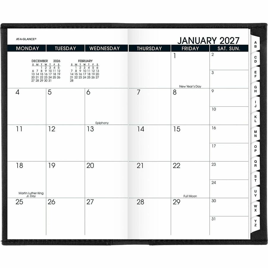At-A-Glance 2024 Monthly Planner, Black, Pocket, 3 1/2" x 6" - Monthly - 13 Month - January 2024 - January - 1 Month Double Page Layout - 3 1/2" x 6 1/8" Sheet Size - Black - Simulated Leather, Faux Leather - Pocket, Phone Directory, Unruled Daily Bl