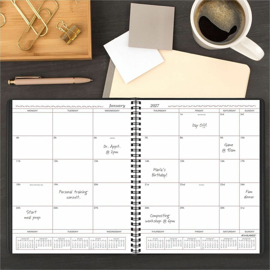 Monthly Planner in Business Week Format, 10 x 8, Black Cover, 12-Month (Jan to Dec): 2024