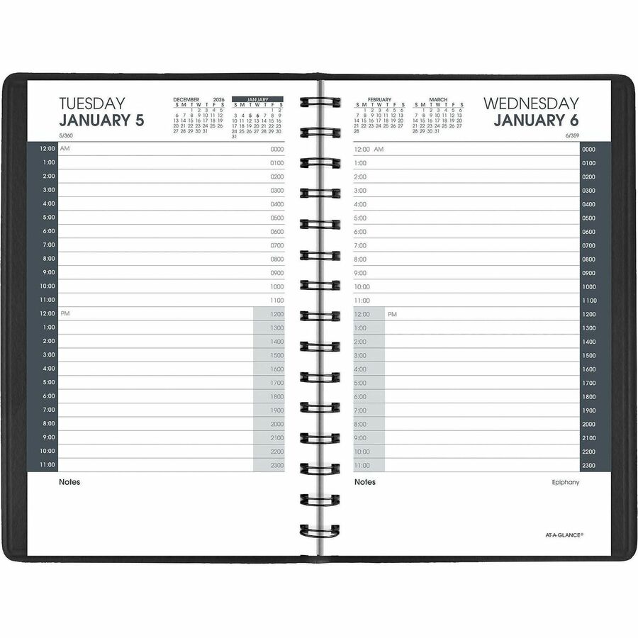 At-A-Glance 24-HourAppointment Book Planner - Julian Dates - Daily - 1 Year - January 2024 - December 2024 - 12:00 AM to 11:00 PM - Hourly - 1 Day Single Page Layout - 4 7/8" x 8" Sheet Size - Wire Bound - Black - Simulated Leather - 1 Each