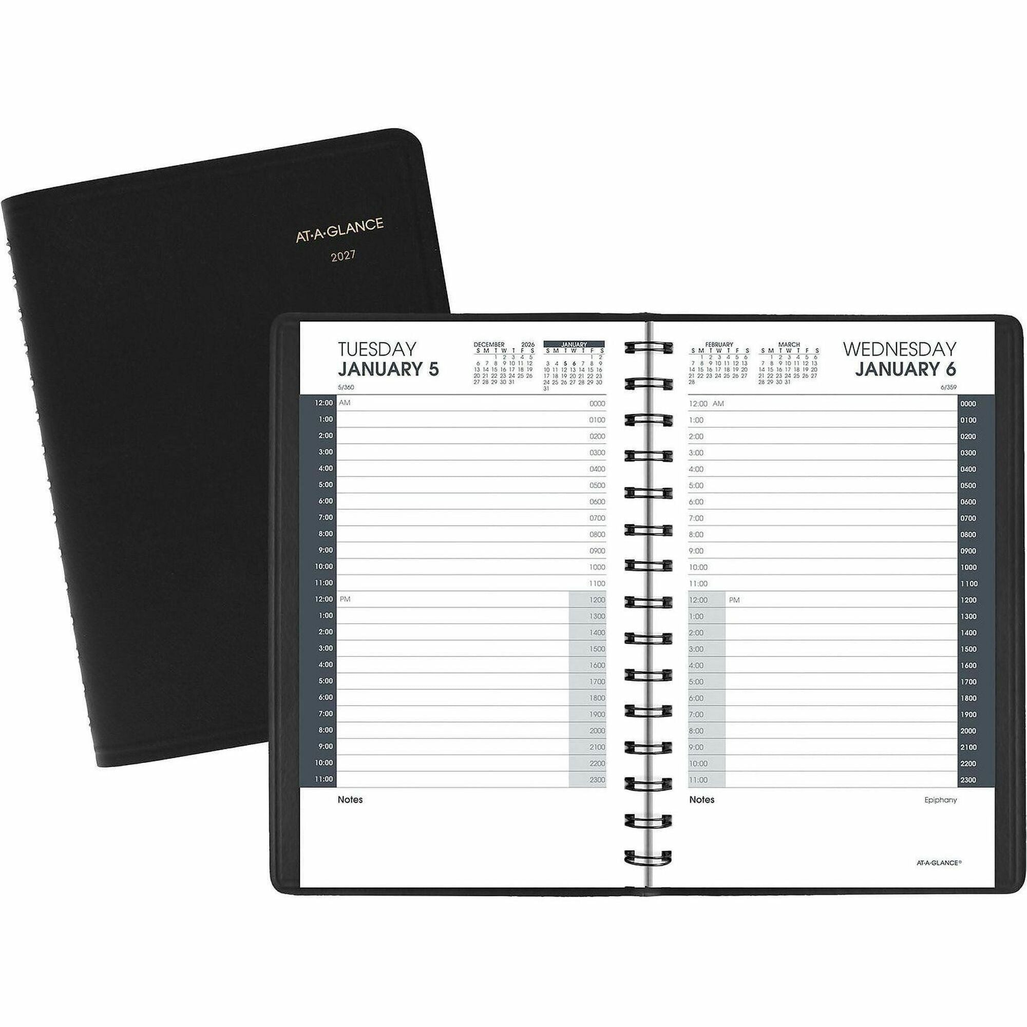 At-A-Glance 24-HourAppointment Book Planner - Julian Dates - Daily - 1 Year - January 2024 - December 2024 - 12:00 AM to 11:00 PM - Hourly - 1 Day Single Page Layout - 4 7/8" x 8" Sheet Size - Wire Bound - Black - Simulated Leather - 1 Each
